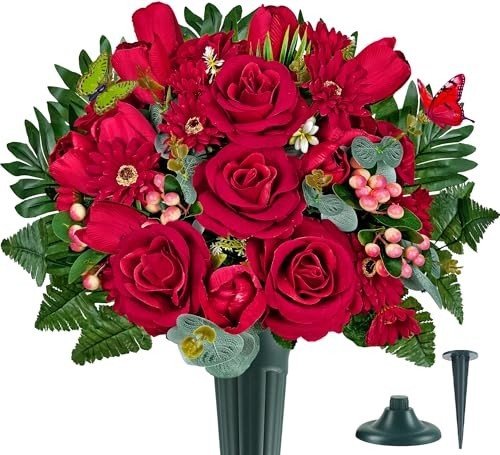 Artificial Cemetery Flowers with Vase – Realistic Red Roses & Tulips for Graves,