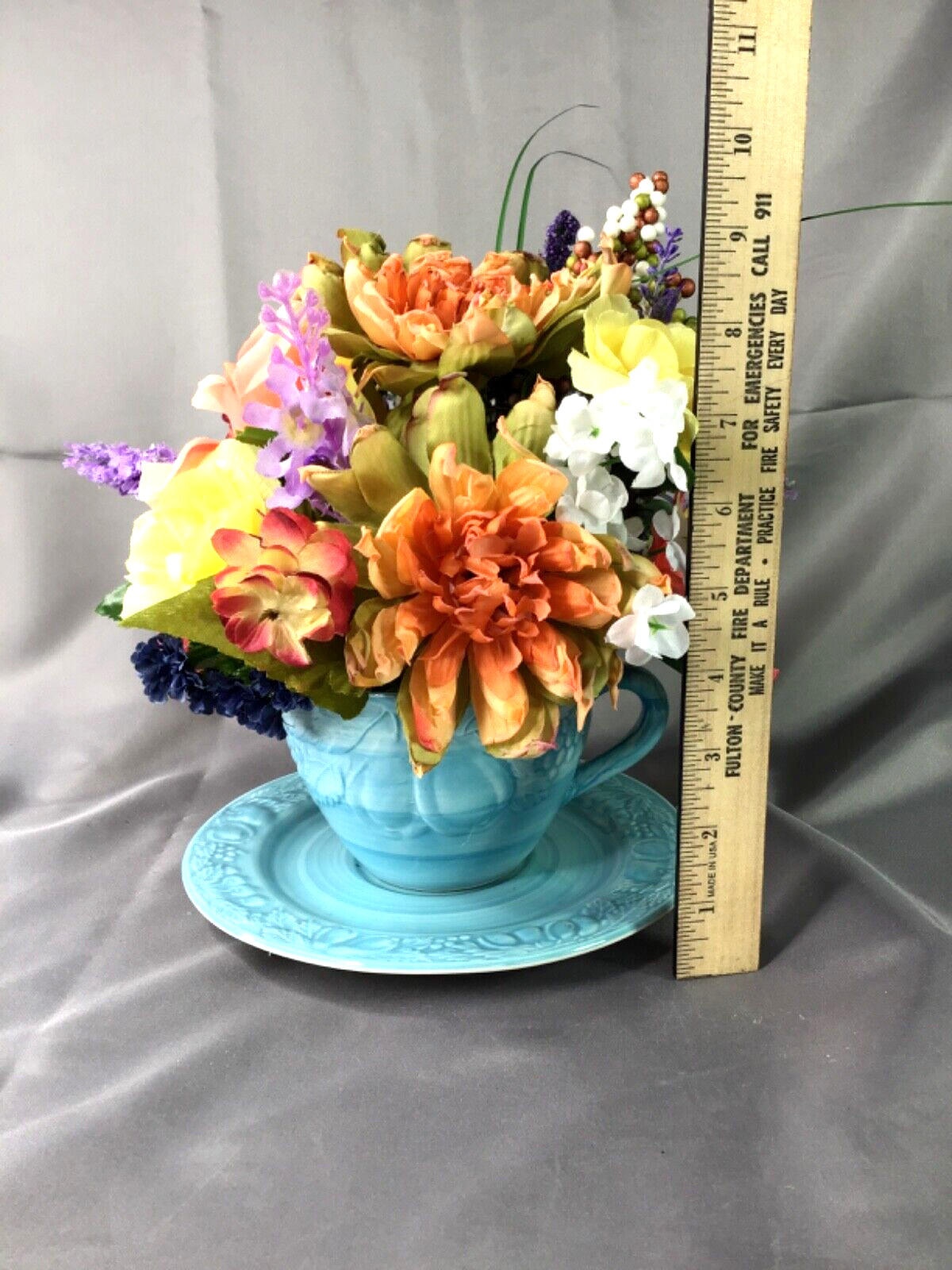 Vintage Sky Blue Oversized Cup & Sauce Coral Yellow Lavender Flower Arrangement