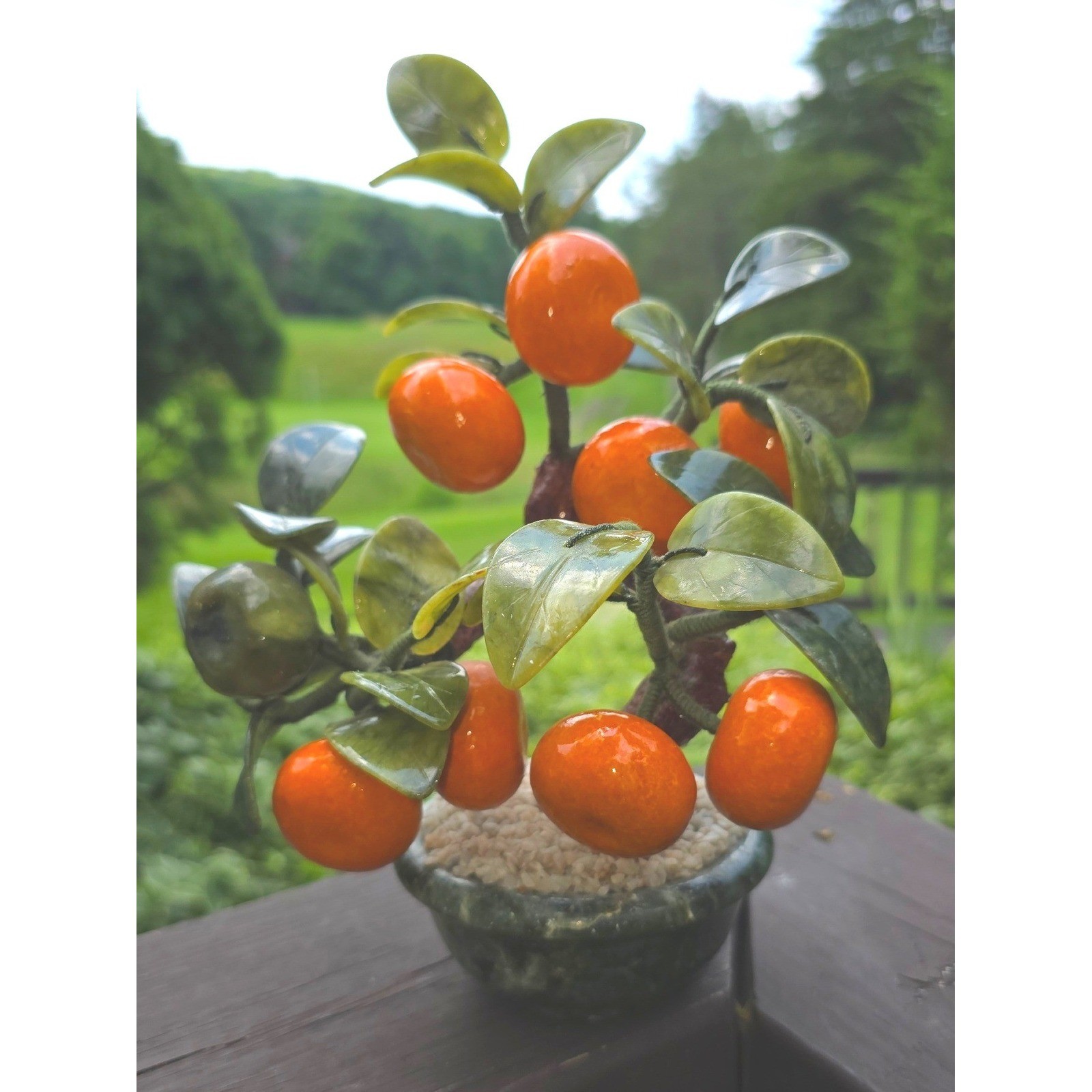Vintage Chinese Glass Jade Agate Orange Persimmon Bonsai Tree Carved Pot