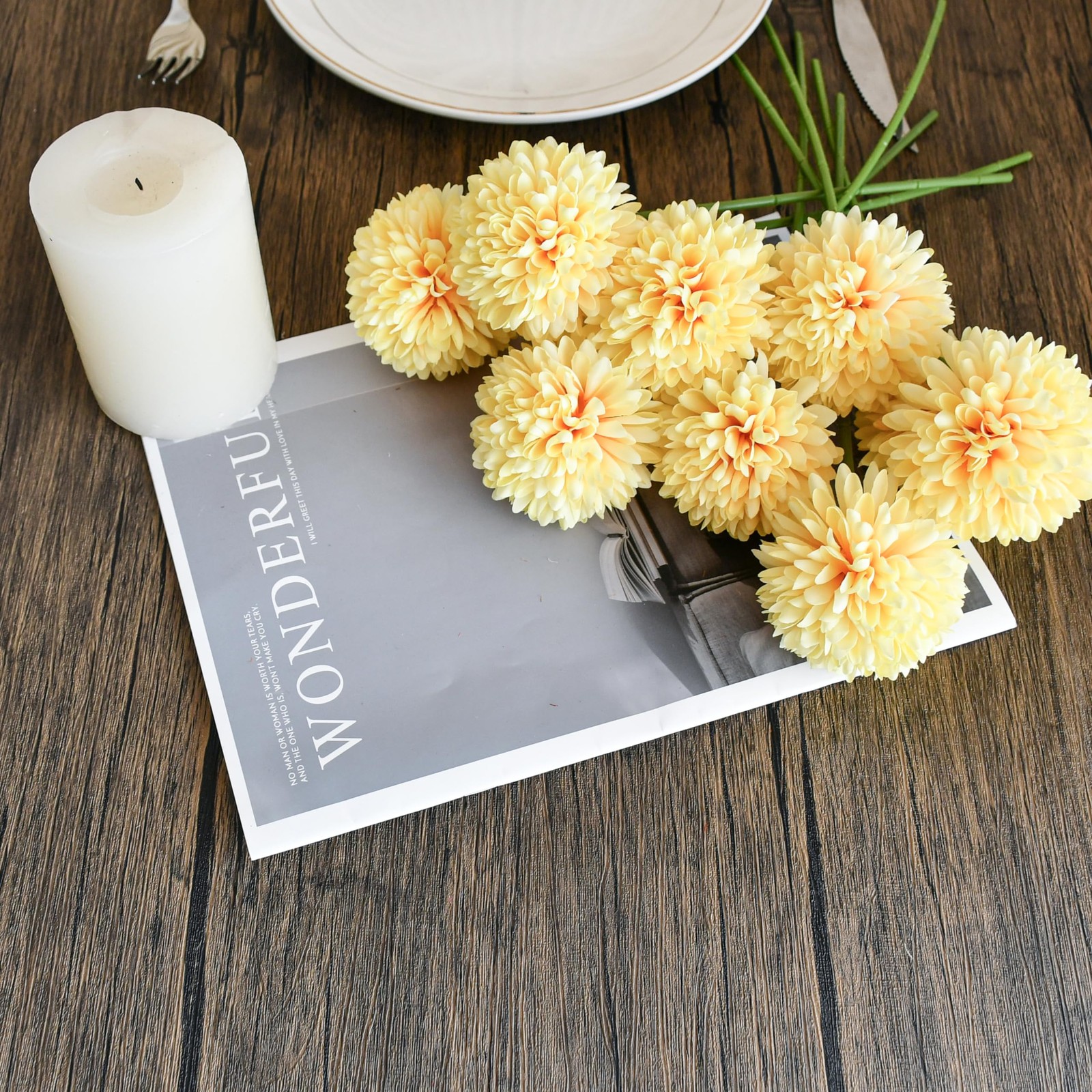 12 PCS Yellow Chrysanthemum Artificial Mums Flowers Centerpiece Silk Porch