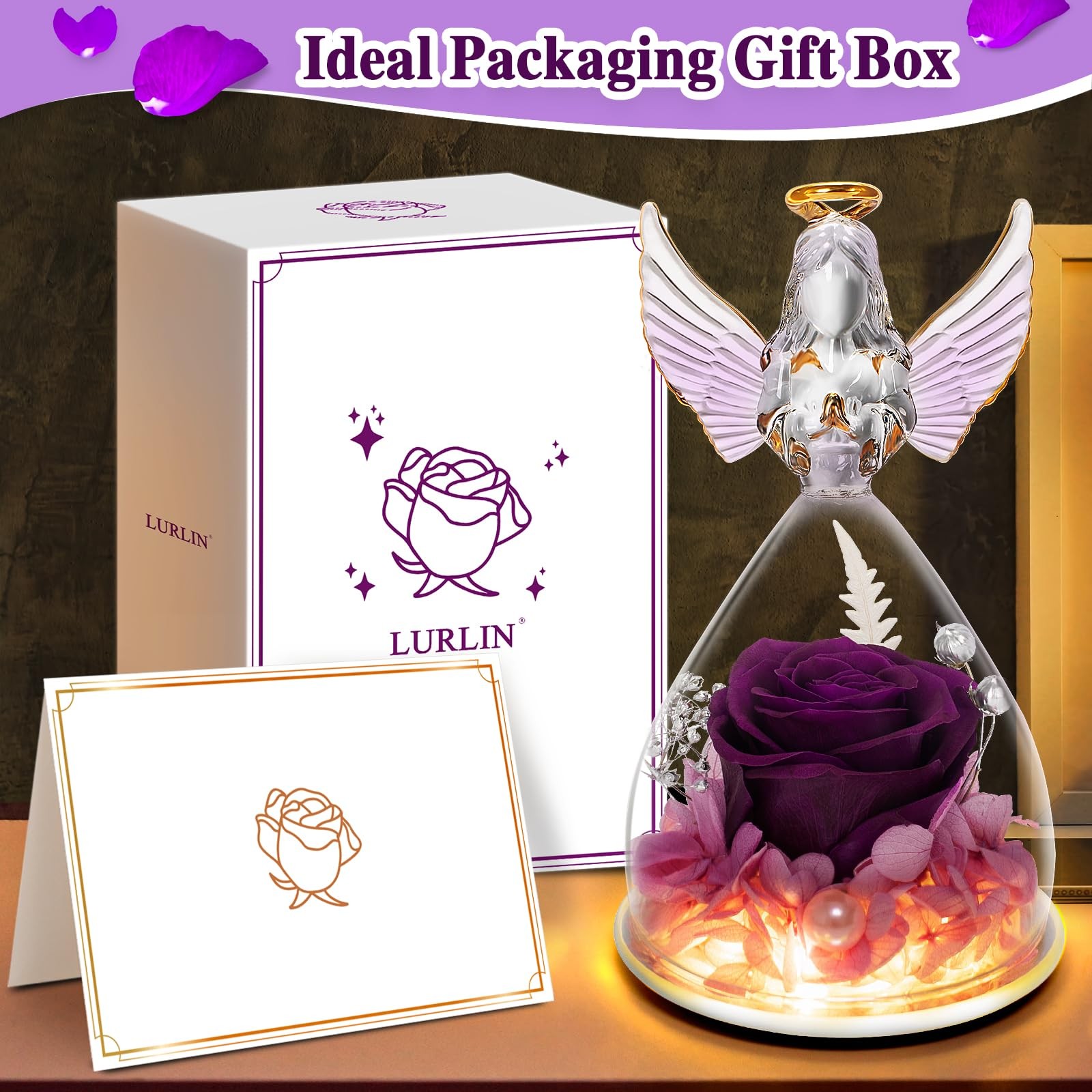 Birthday Rose Gifts for Women Preserved Flowers & LED Angel Figurines for Mom…