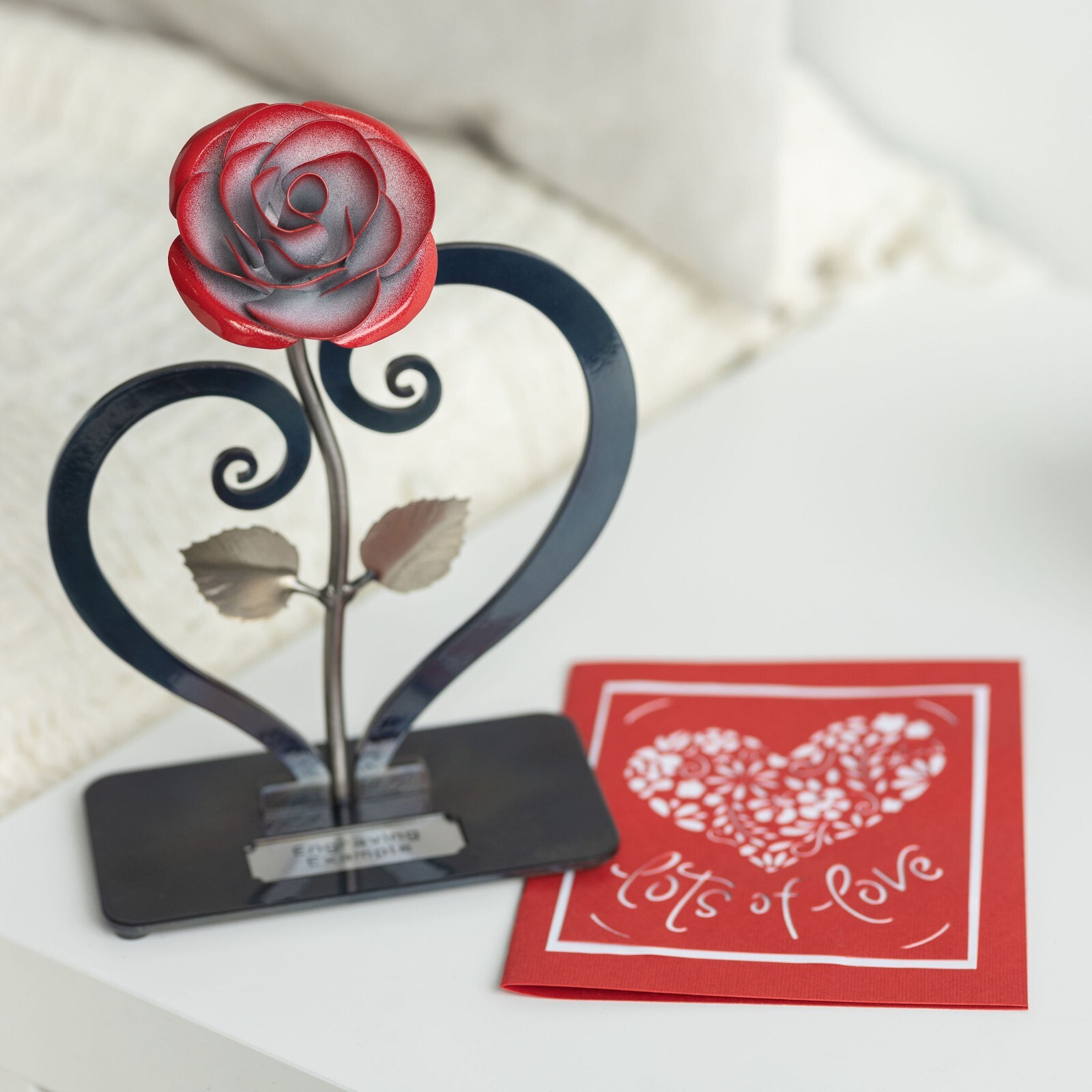 Red Metal Rose with Heart-Shaped Stand – Iron Anniversary Gift