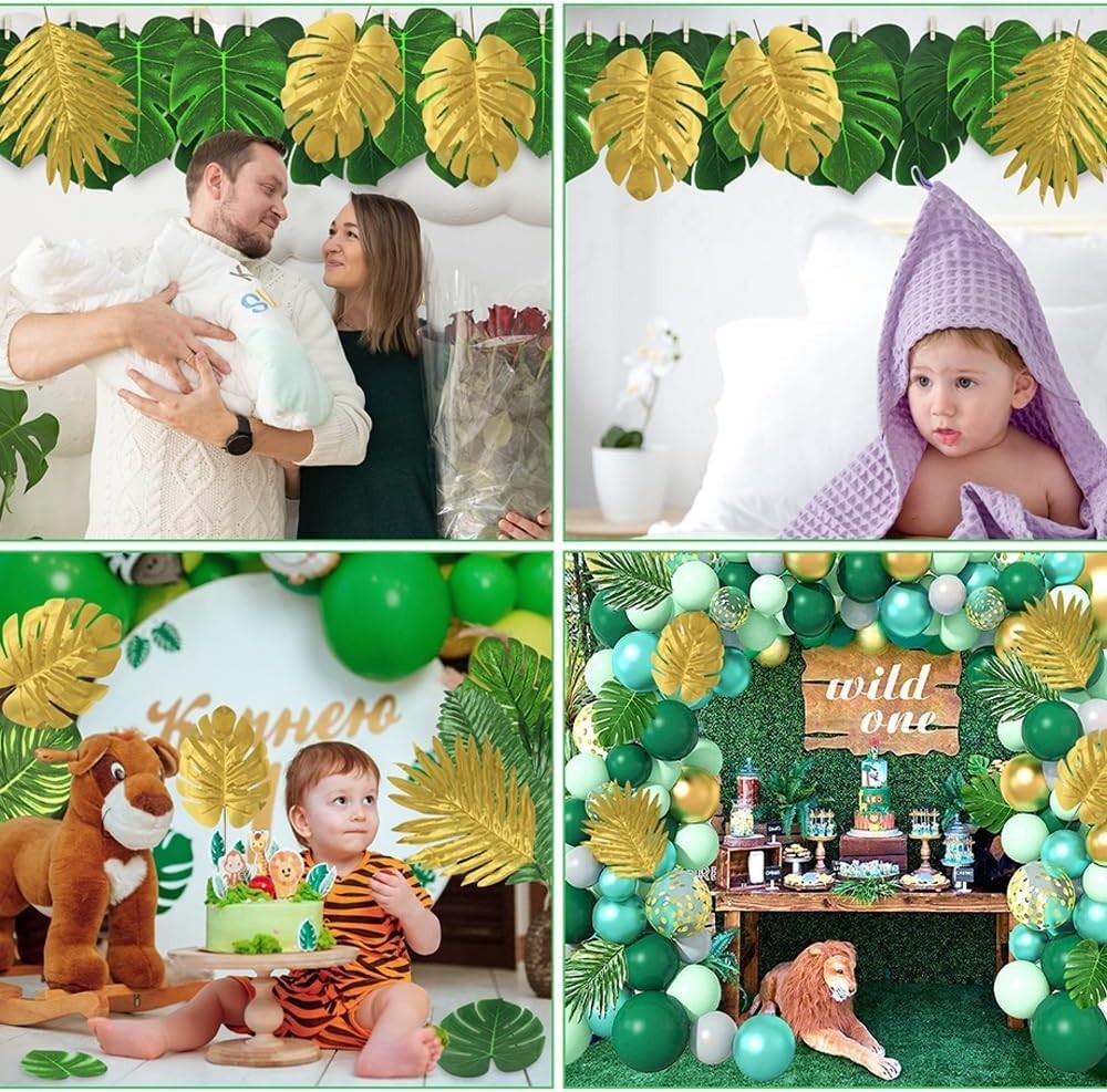 72 Pcs 10 Kinds Artificial Palm Leave Golden Tropical Leaves Jungle Leaves Decor