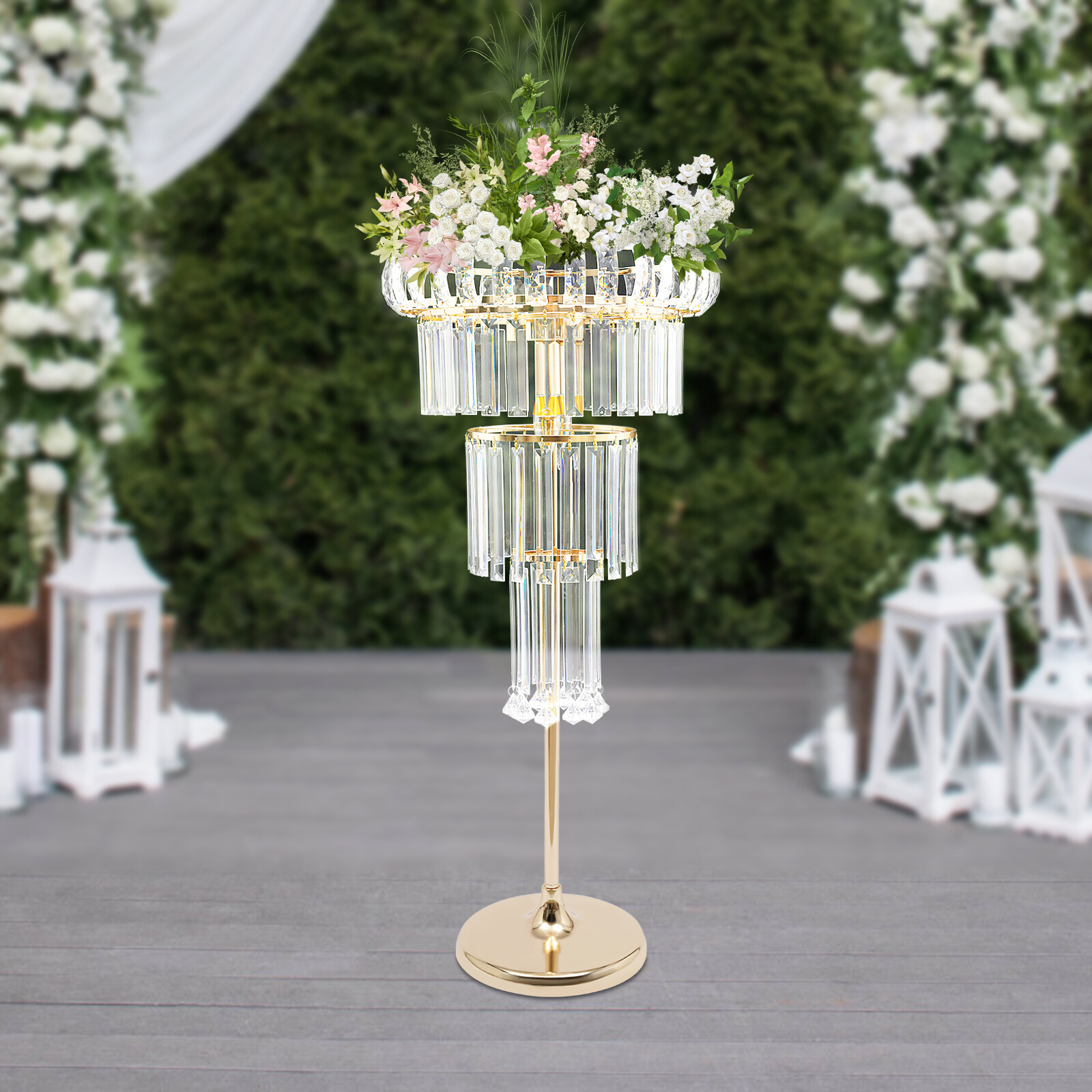 4 Tier Gold Flower Stand Wedding Party Flower Stand 2*LED Centerpiece Decor
