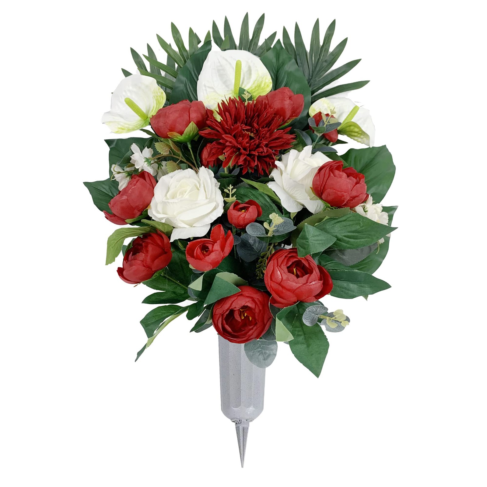 Artificial Cemetery Flowers Grave Memorial Bouquet Red Camellia White Rose Vase