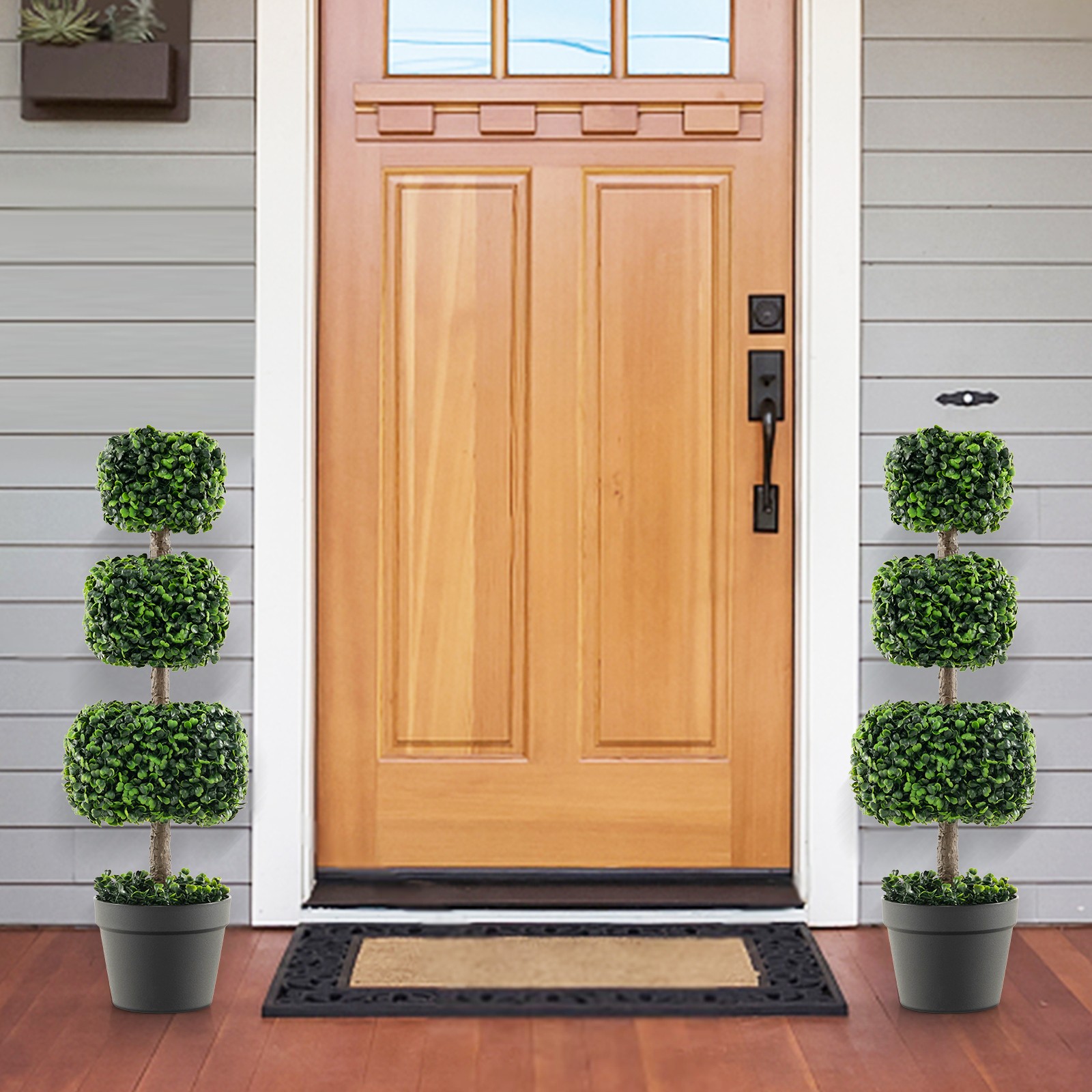 2PCS 35” Faux Boxwood Topiary Tree Square Shaped Fake Greenery Plants w/ Pot