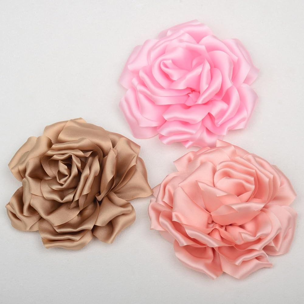 6pcs Satin Ribbon Flowers 4.3″/11cm for Crafts Bow Wedding Dec Vintage Fabric…