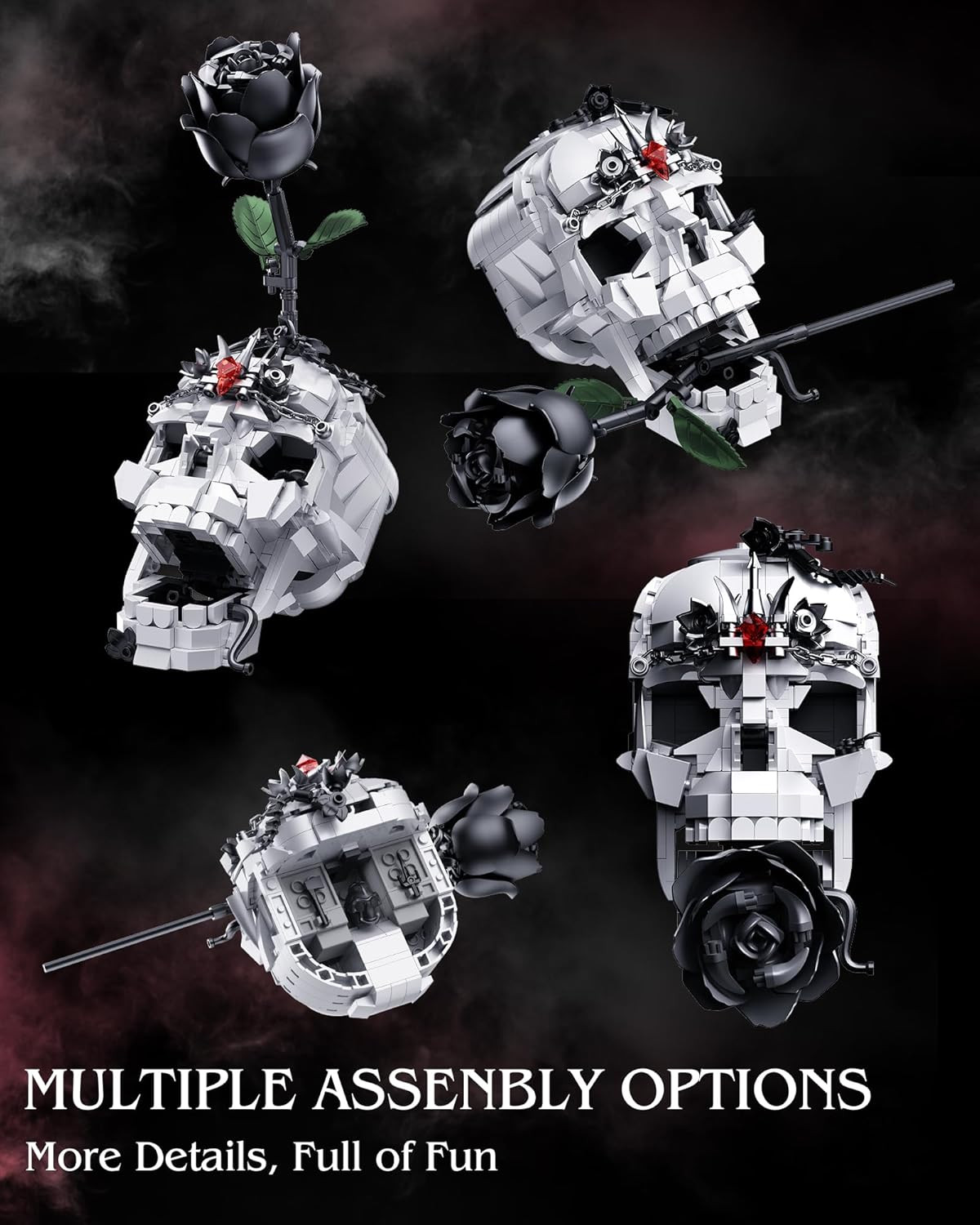 Skull Black Rose Flower Building Set, 3 in 1 Gothic Horror Decor Botanical Artif