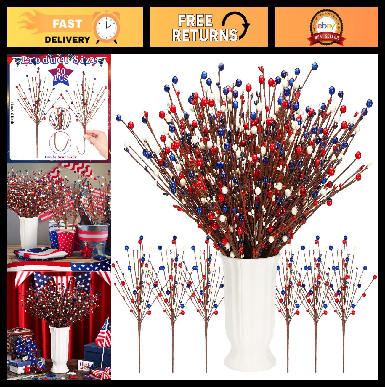 20 Pcs Patriotic Berry Stem Picks – Red White Blue Floral Decor for 4th of July