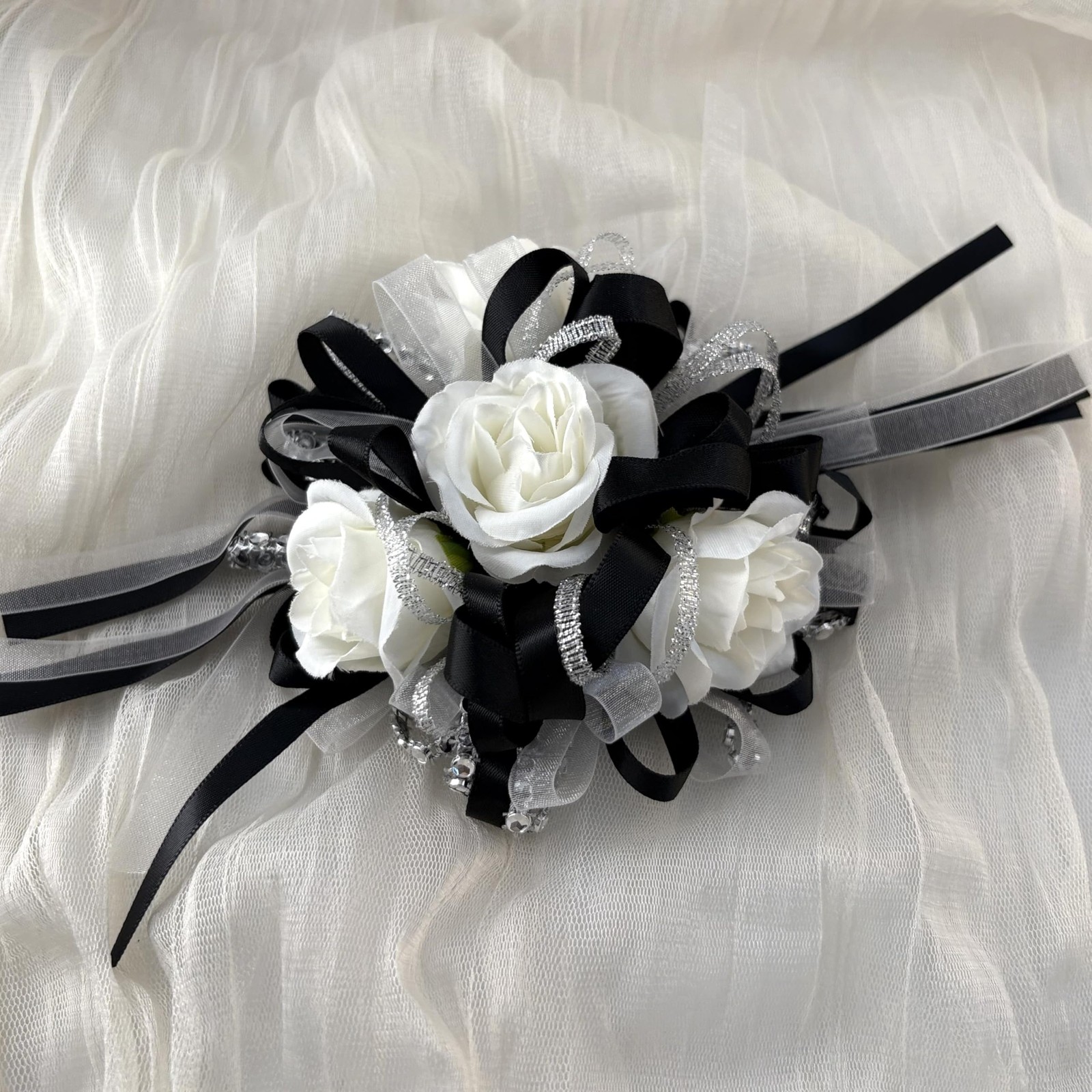 Rose Wedding Corsage Boutonniere Set Floral Suit Accessories Black & White