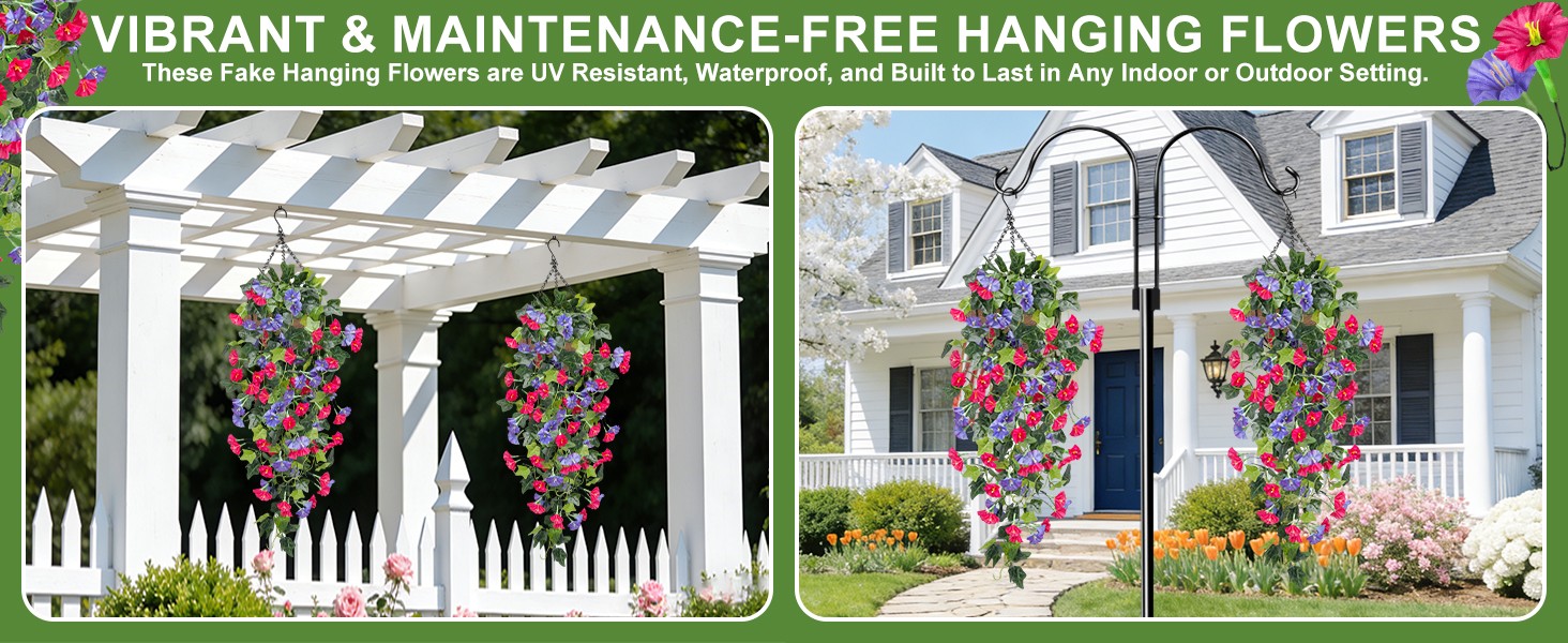 Artificial Fake Hanging Flowers Plants, Faux Silk Morning Glory with Ivy Vines,