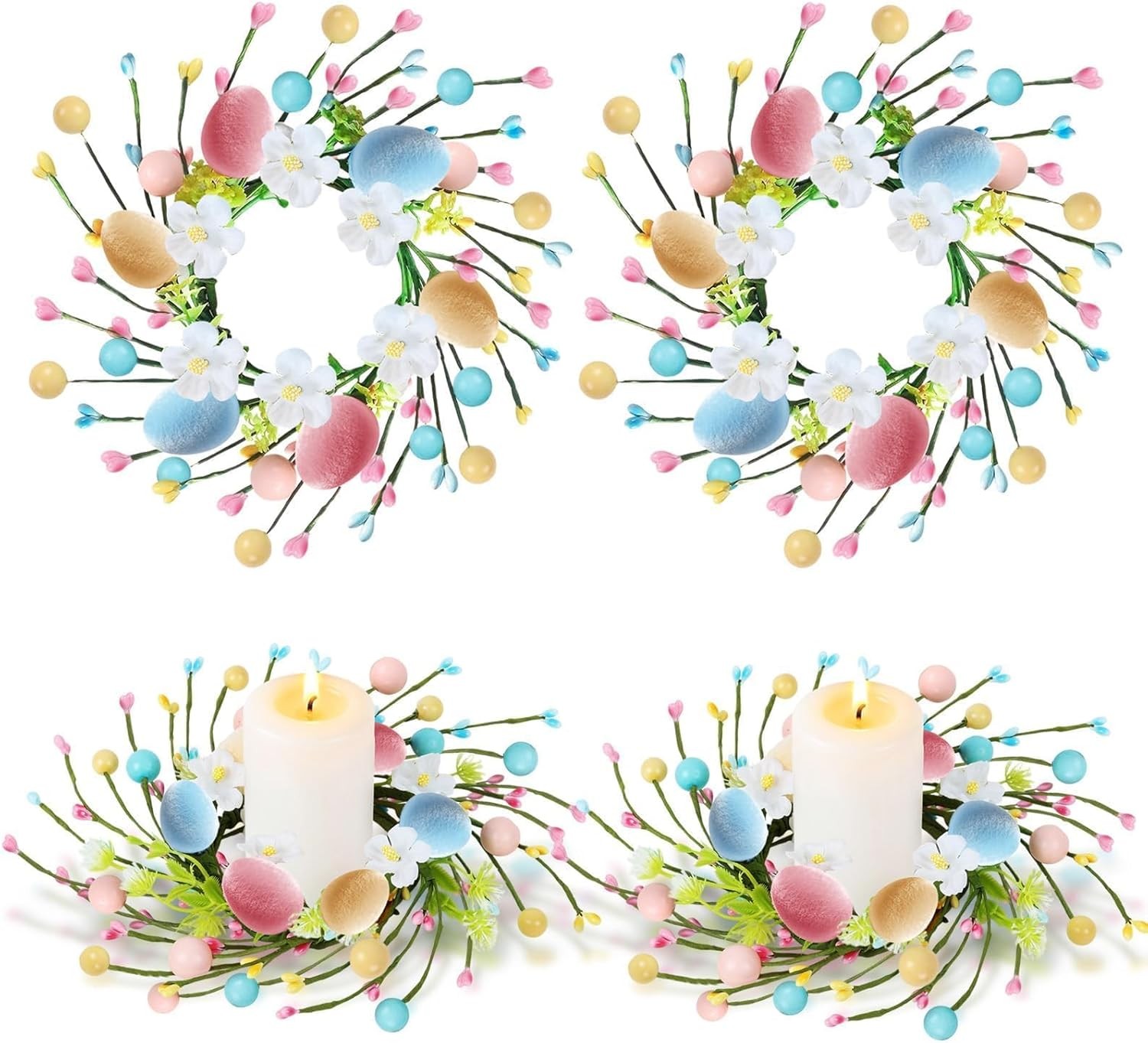4 PCS Summer Lavender Tulips Candle Rings Wreaths Artificial Floral Pillar