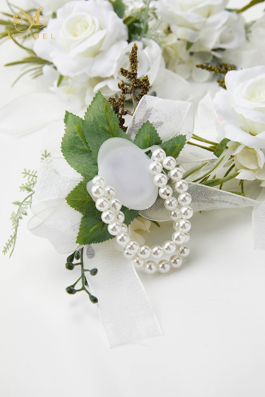 6 PCS Artificial White Rose Pearl Wrist Corsage Wedding Prom Party Bride