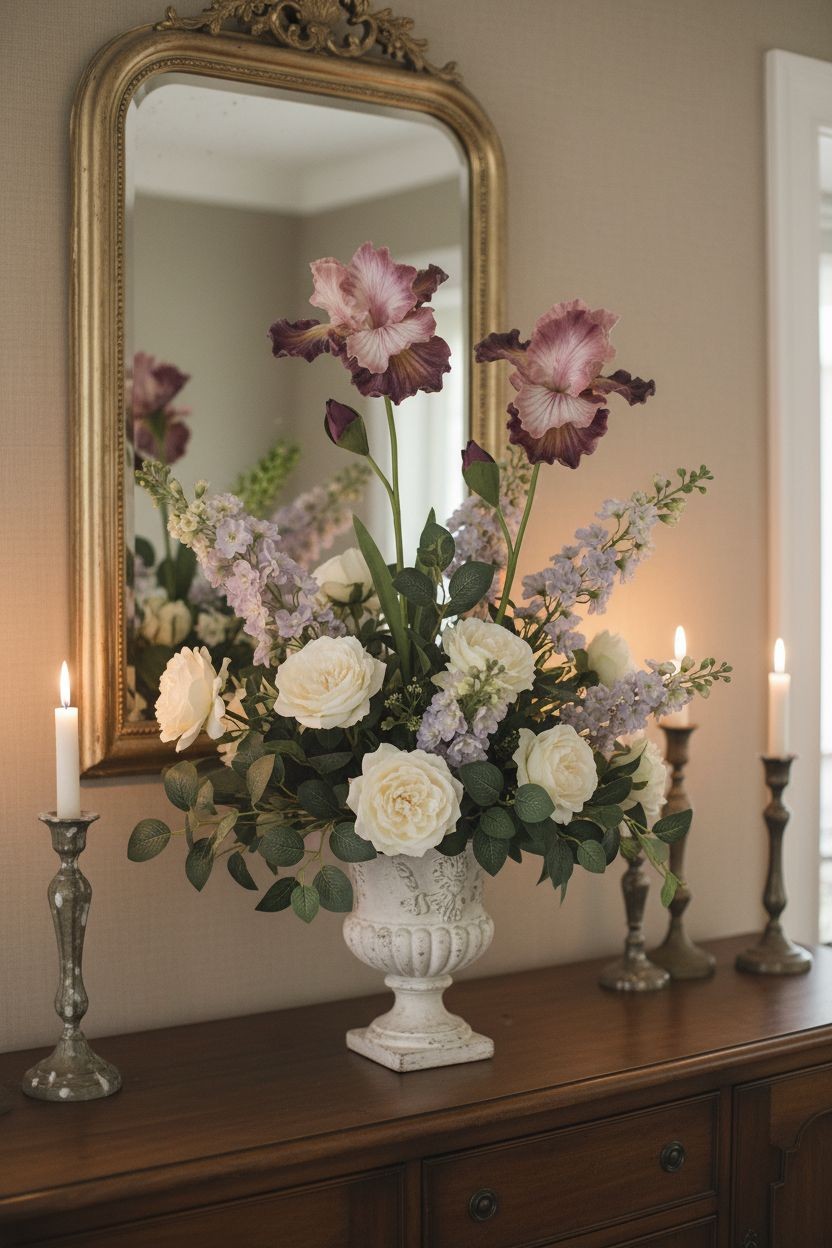 Blush Pink and Plum Purple Real Touch Iris Stems Set of 2 21 Inch Faux Flowers f