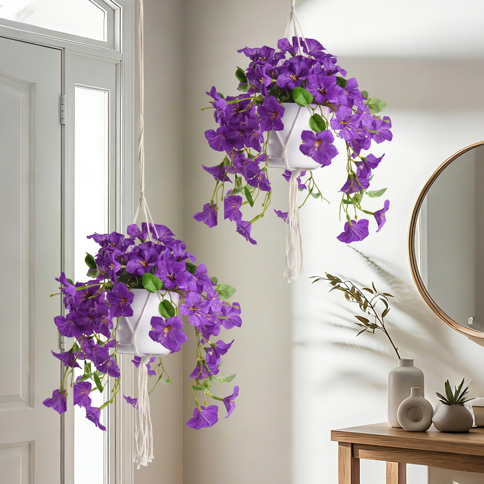 Artificial Hanging Flowers with Basket for Outdoors, 2 Pack UV Resistant Fake…