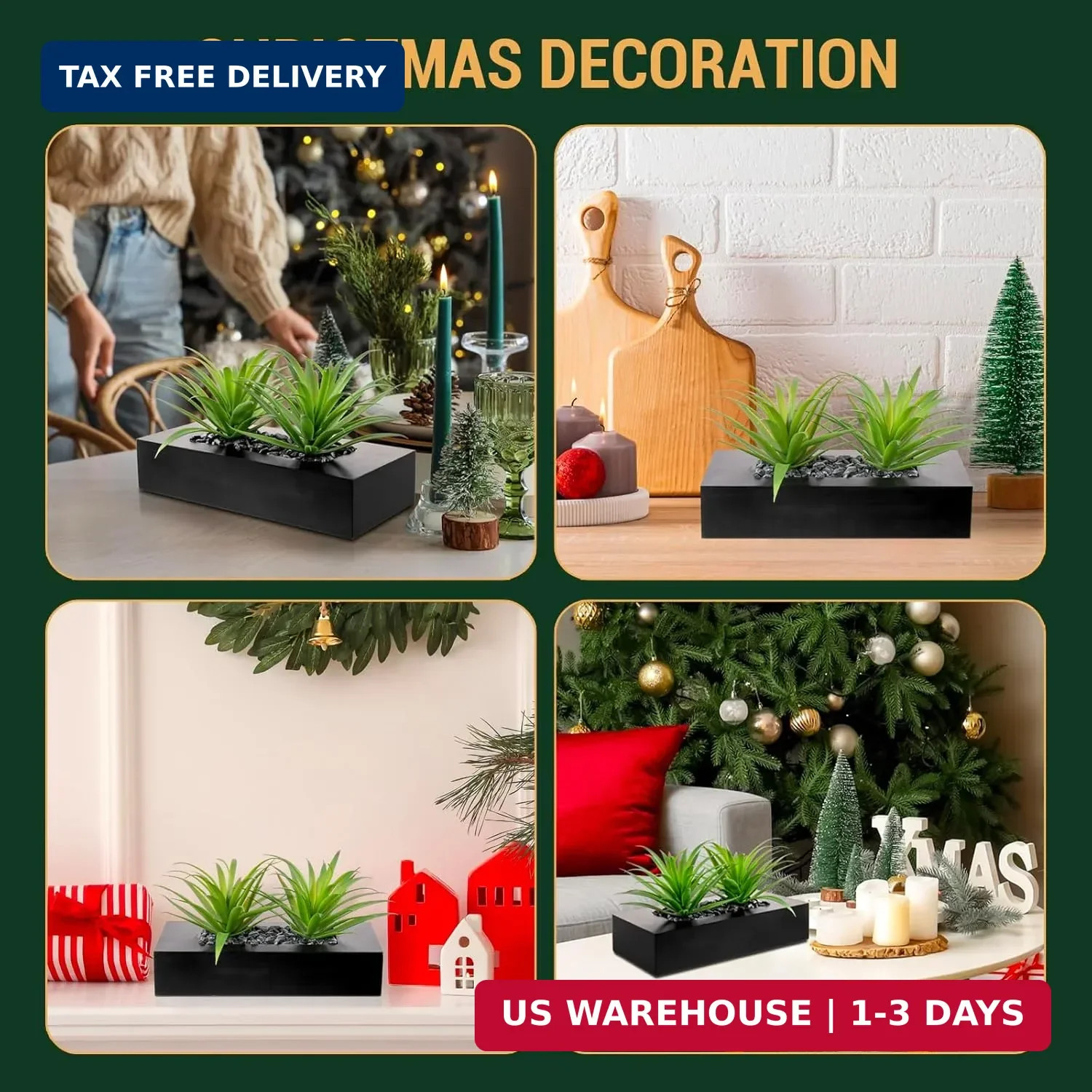 MyGift 10 Inch Fake Green Grass Plant in Rectangular Black Wood Planter | Faux A