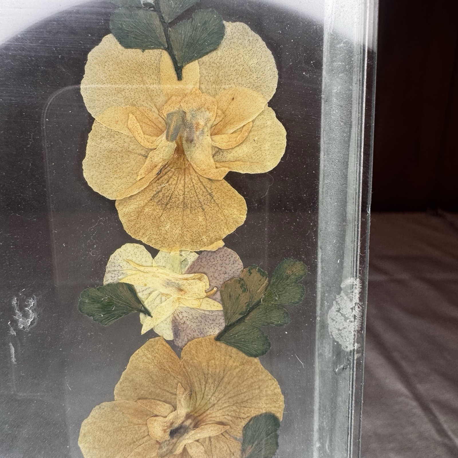 Vintage Pressed Pansy Flower Art Glass Panel Metal Stand Botanical Decor