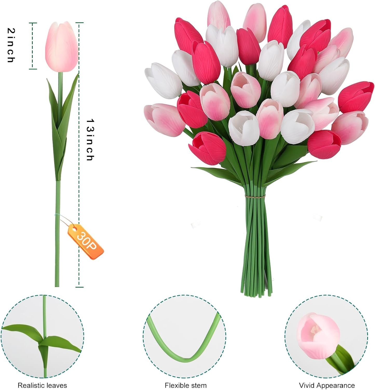 Artificial Tulips Flowers Fake Latex Tulip Stems – 30pcs Real Touch Faux Mult…
