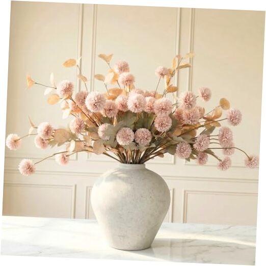 Artificial Flowers for Vase – Silk Mums 10 Long Stems with Eucalyptus, Beige