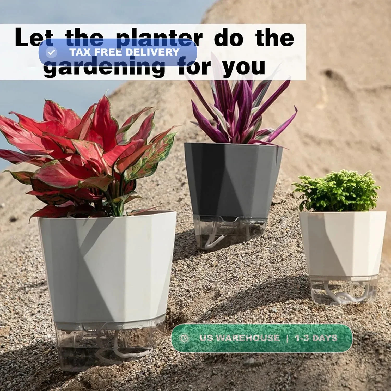 4 Packs Self Watering Plant Pots, Plastic Flower Pots with Drainage Hole and Sau