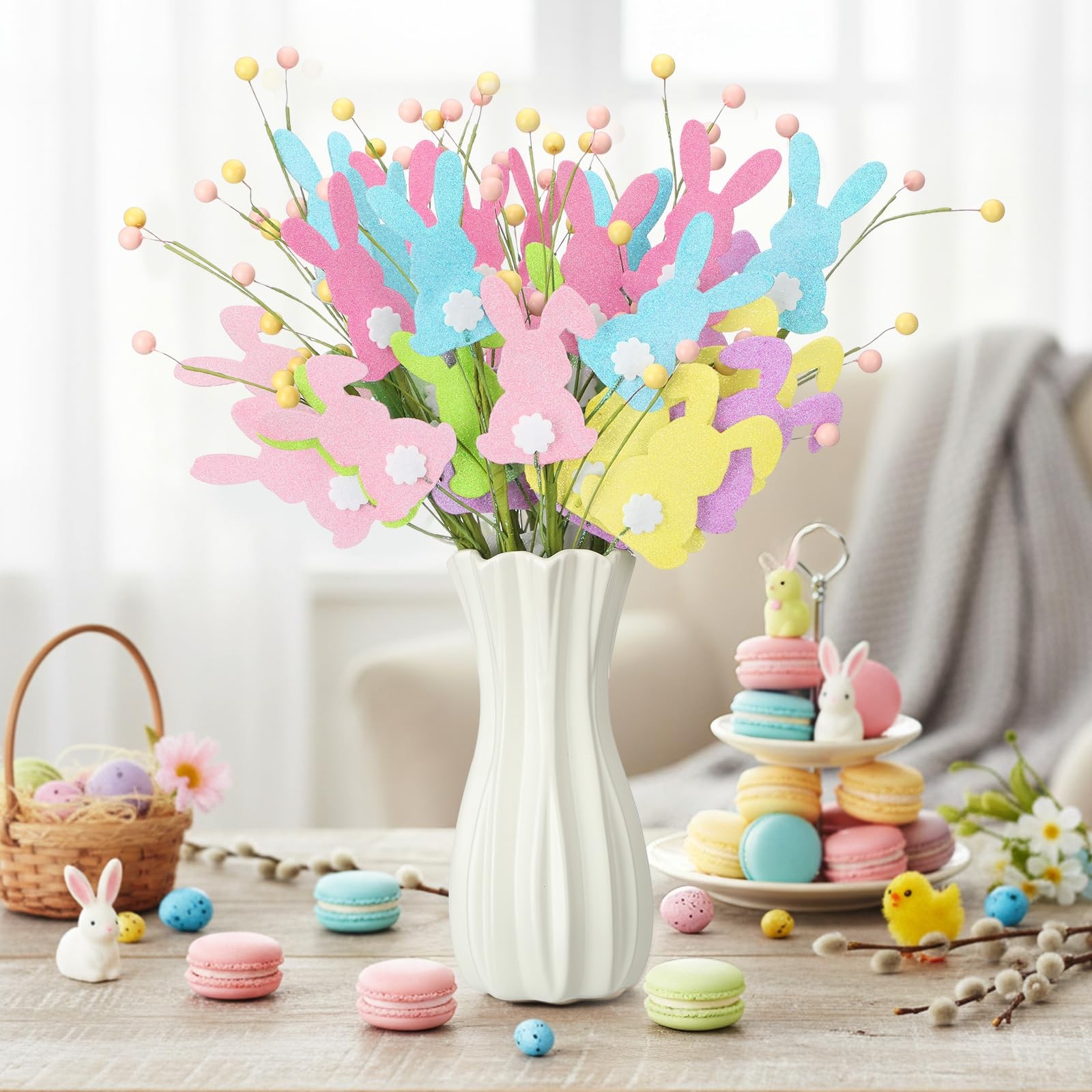 12 PCS 15 Inch Glitter Easter Bunny Tree Topper Picks Floral Arrangement