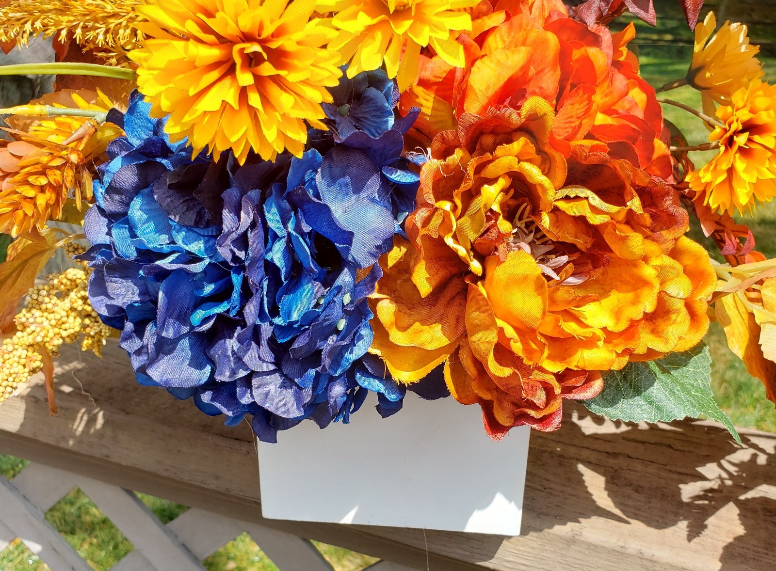 Set of 2 Large Fall Floral Arrangements, Blue Hydrangea Autumn Mantel Decor