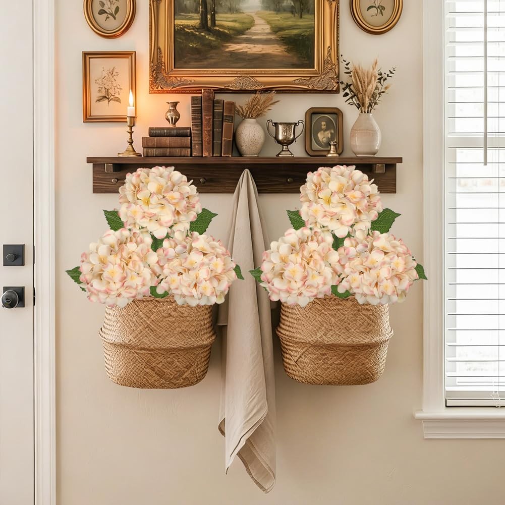 3Pcs Beige Hydrangea Artificial Flowers 28.7″ Real Touch Large Faux Silk Hydr…