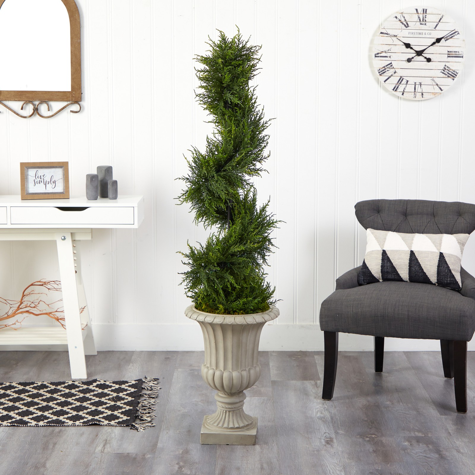 Nearly Natural 5ft Spiral Cypress Tree in Sand Finished Urn w/ 80 Clear LED