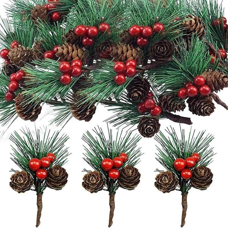 10Pcs Christmas Floral Picks with Pine Cone and Holly , Red Branches with Gre…