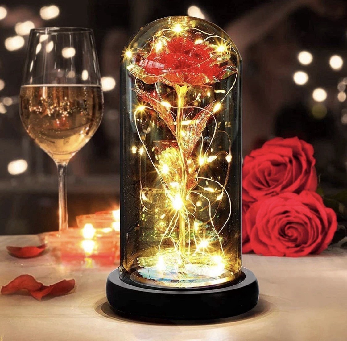 Romantic gift/ Artificial Red Rose | Glass Dome LED Lights | Mother day gifts