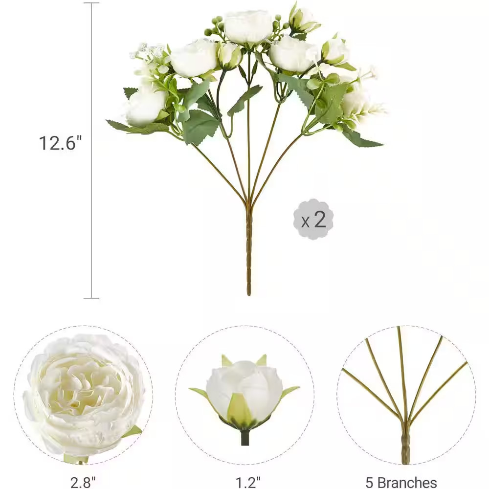 12.6 In. White Indoor Artificial Peony Flowers in Silk Bouquets for Home Decor