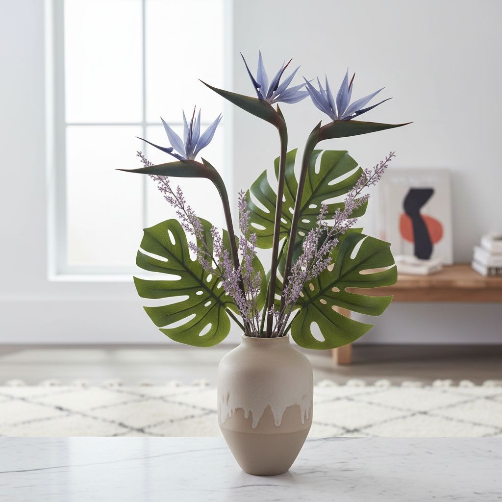 Bird of Paradise Stems Set of 3 Faux Tropical Flowers 30 Inch Tall Moody Blue Pu