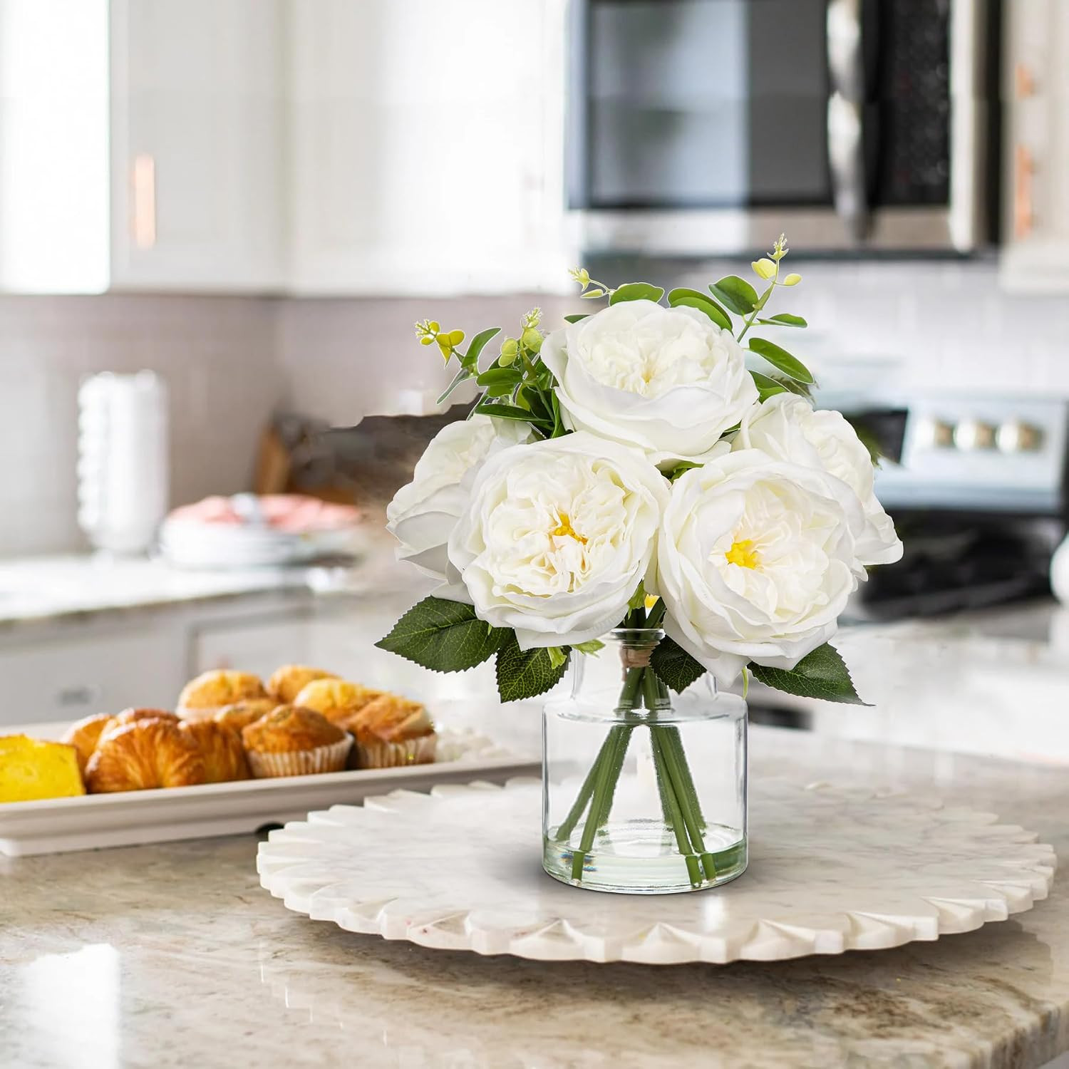 Elegant White Peonies & Roses in Glass Vase – Faux Flower Centerpiece Decor