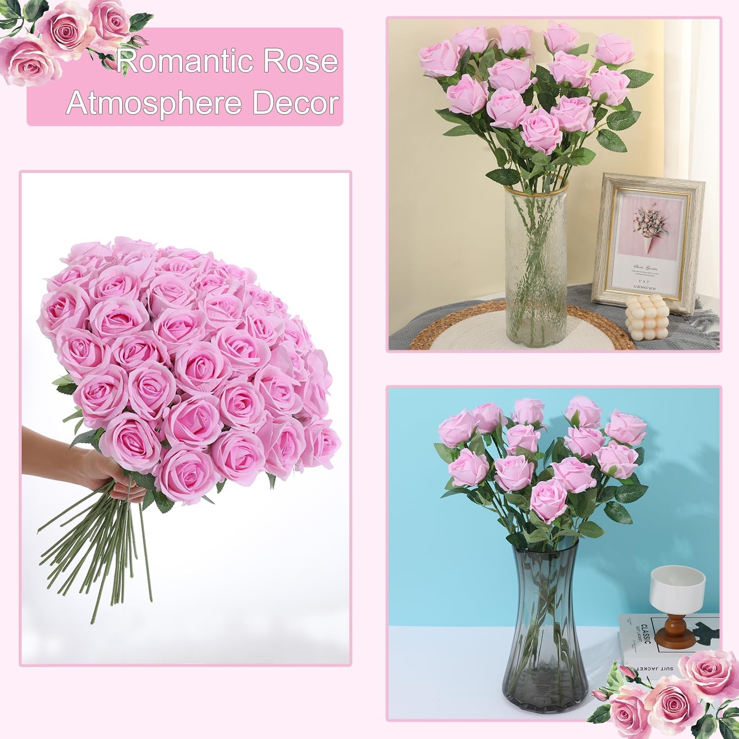 Pearl Gradient Pink Faux Velvet Silk Artificial Fake Roses Flowers 12 PCS