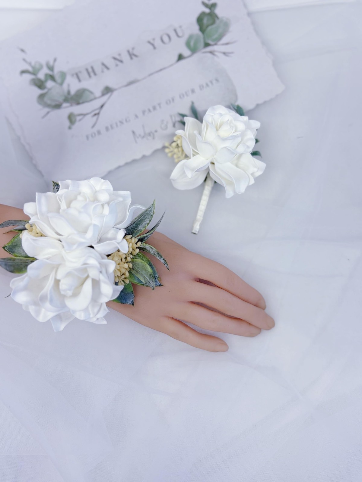 White Corsage And Boutonniere Set Wedding Flower Accessories Prom Suit Decor