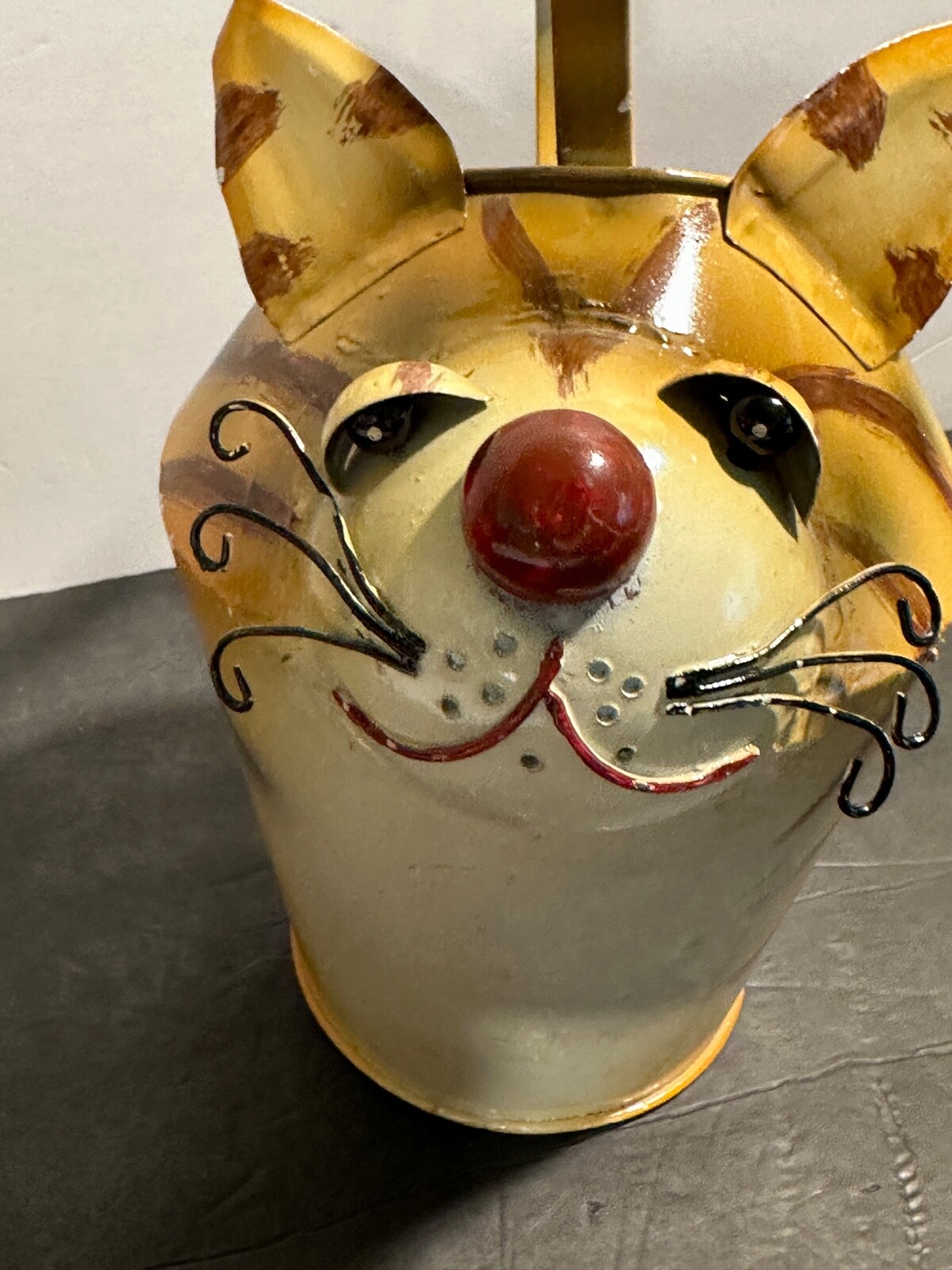 Metal Hand-Painted & Distressed Whimsical Yellow Tabby Kitty Cat Watering Can