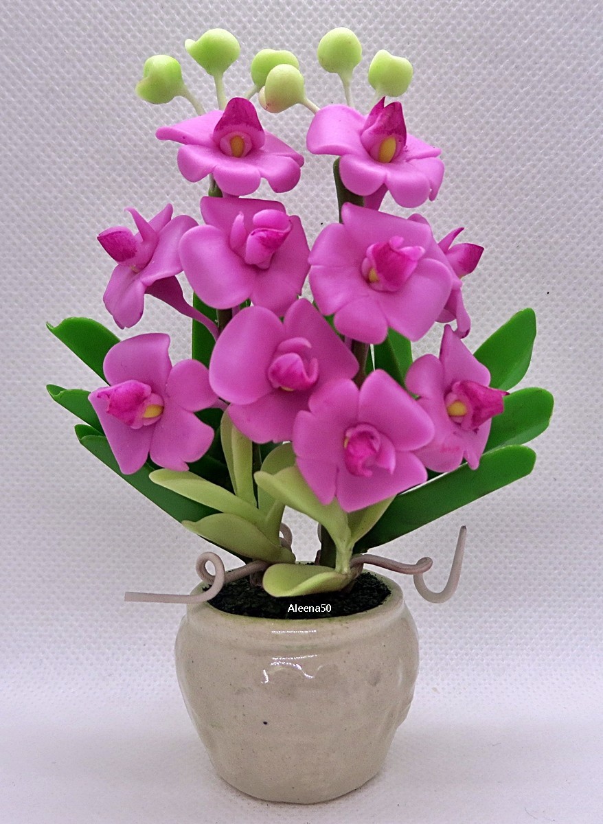 US Stock 5″H Handmade Air Dry Clay Mini Dendrobium Orchid Arranged in Pot