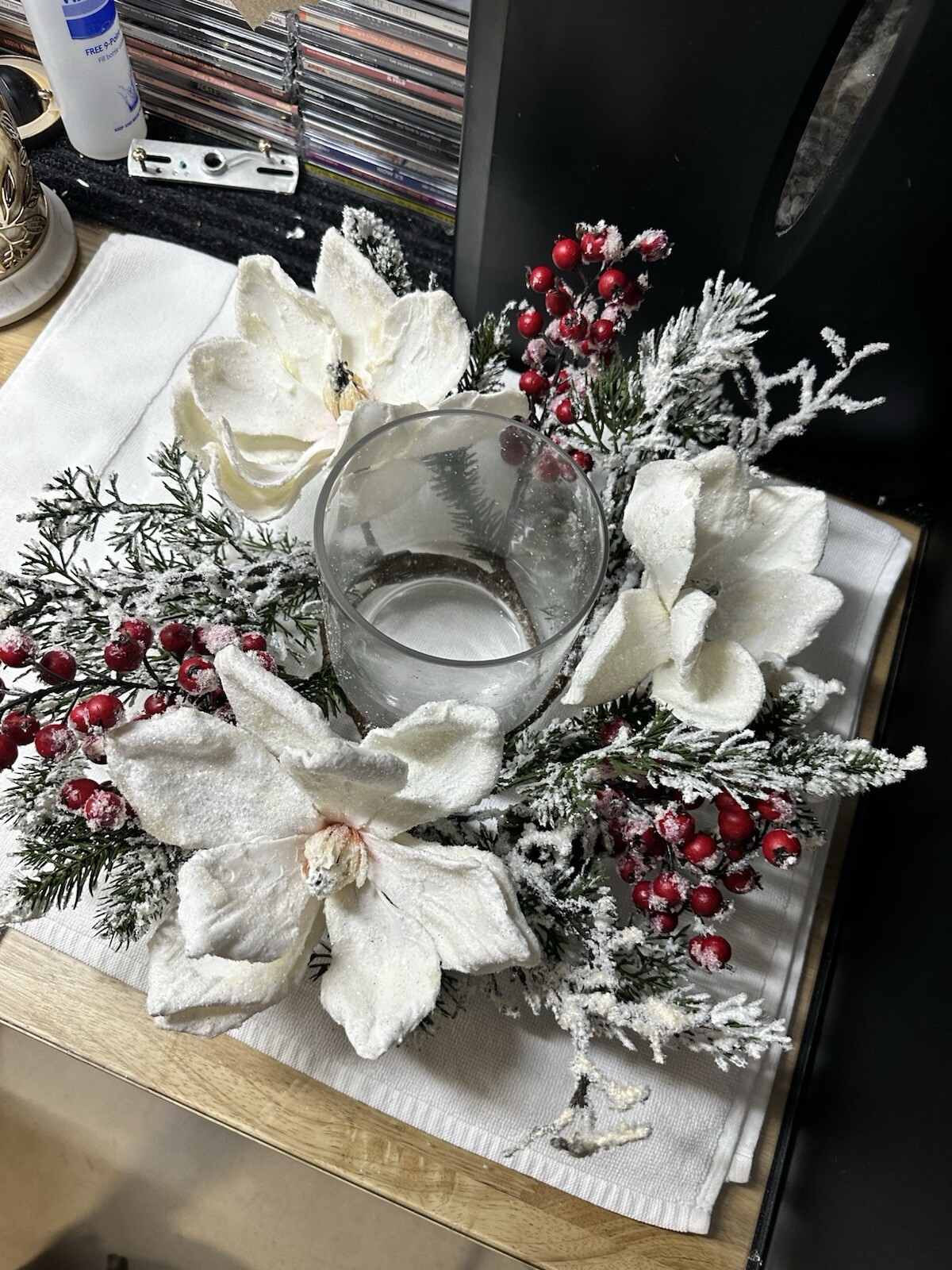 Frosted Magnolia & Red Berry Artificial Arrangement Candelabrum