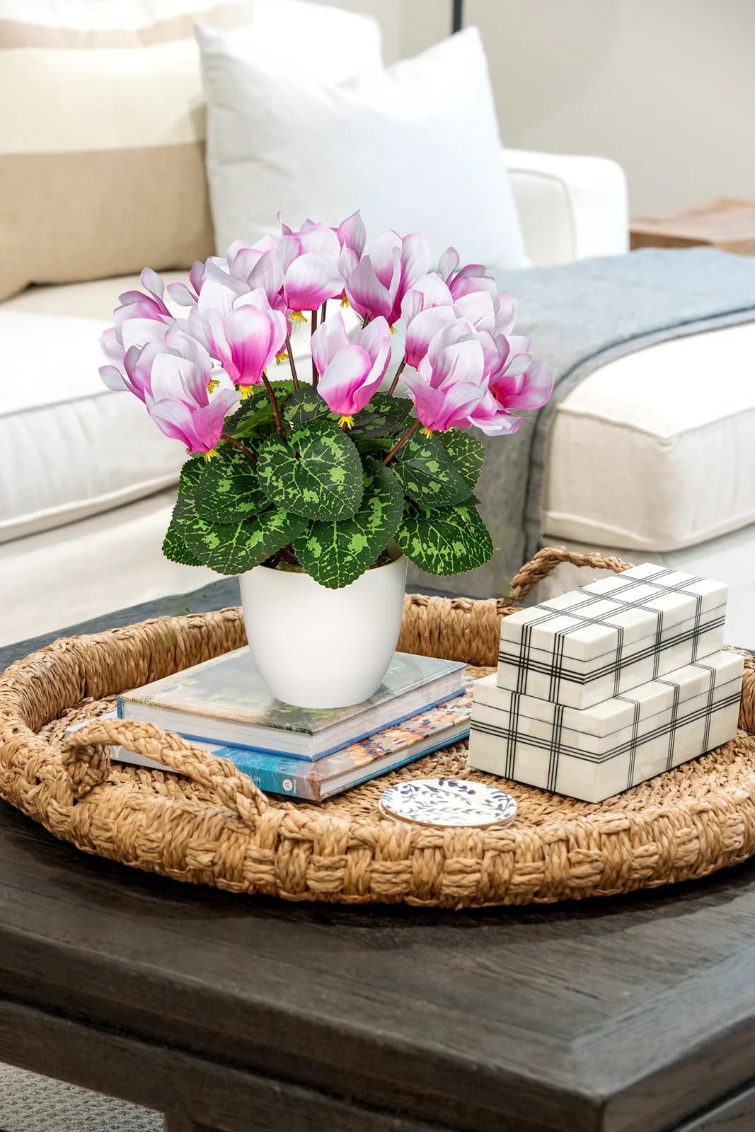 Artificial Cyclamen Flowers Plant Potted Fake Silk Flower Plants in White Pot…