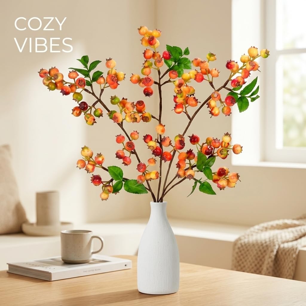 Fall Artificial Berries Stems 3Pcs Fake Blueberrys Orange Fruit vase Filler