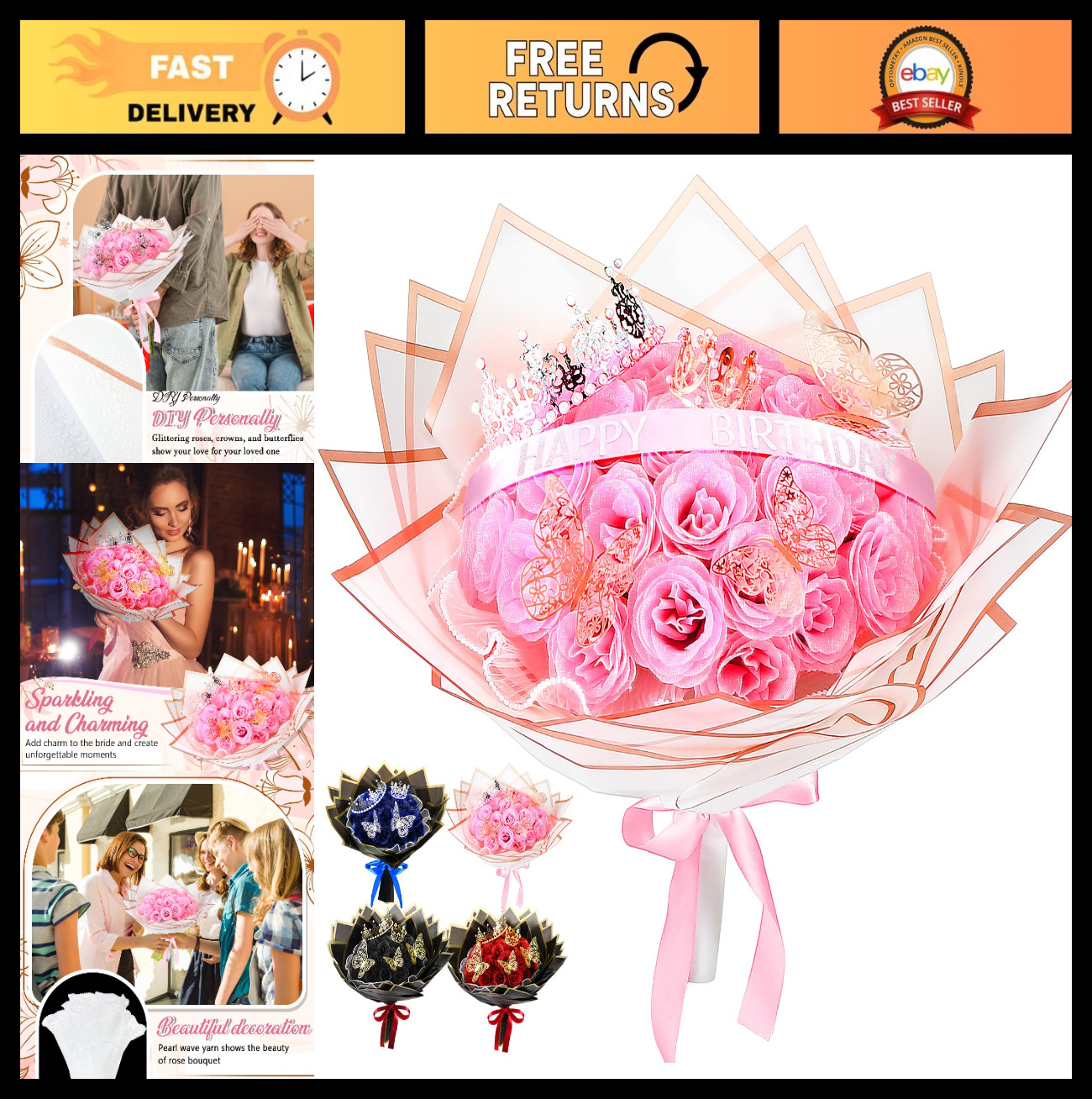 36 Pcs Pink Glitter Roses Bouquet Kit – DIY Flowers, Wrapping Paper & 3D Butterf