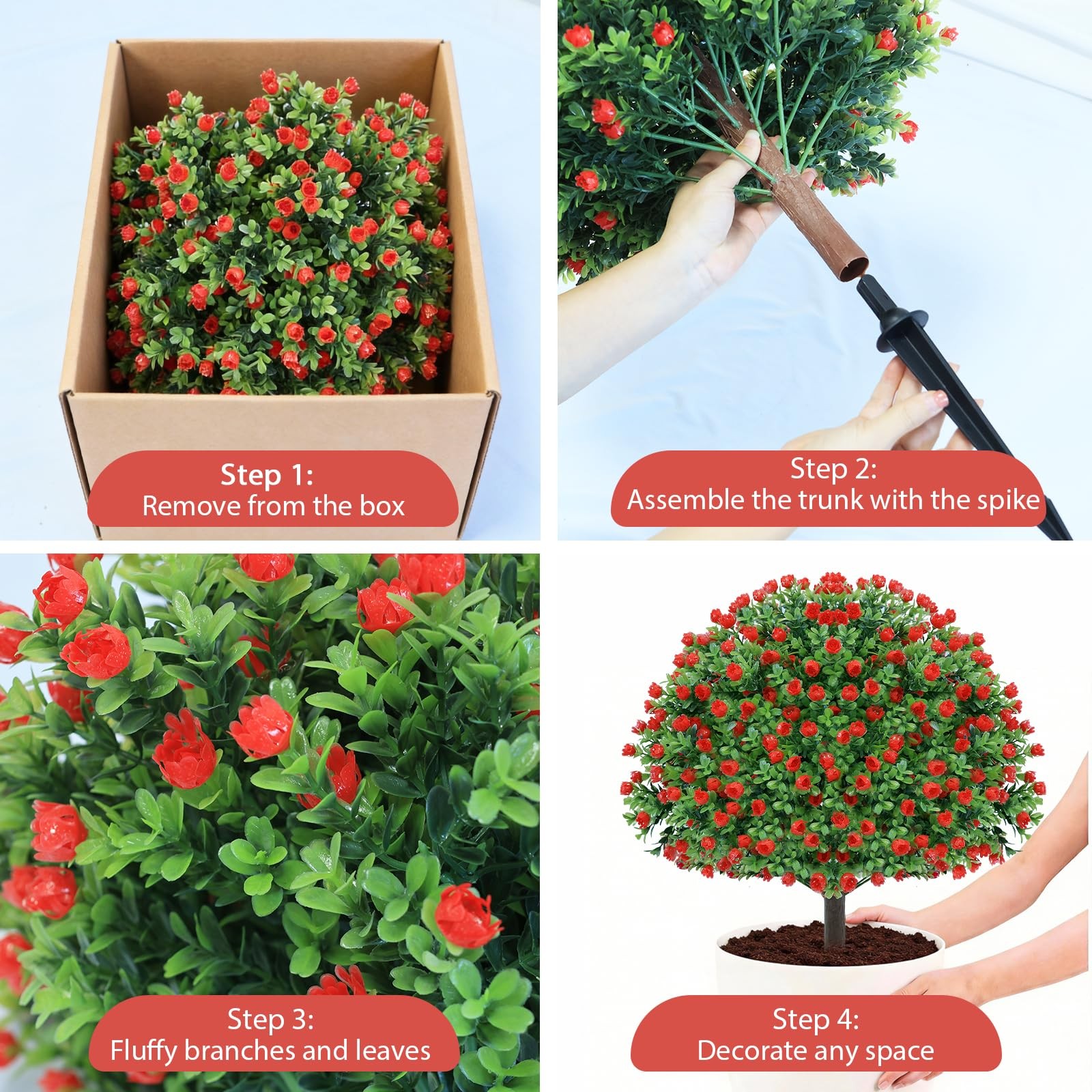24’’ Artificial Boxwood Topiary Ball Tree with Rose – Set of 2 Artificial Shr…