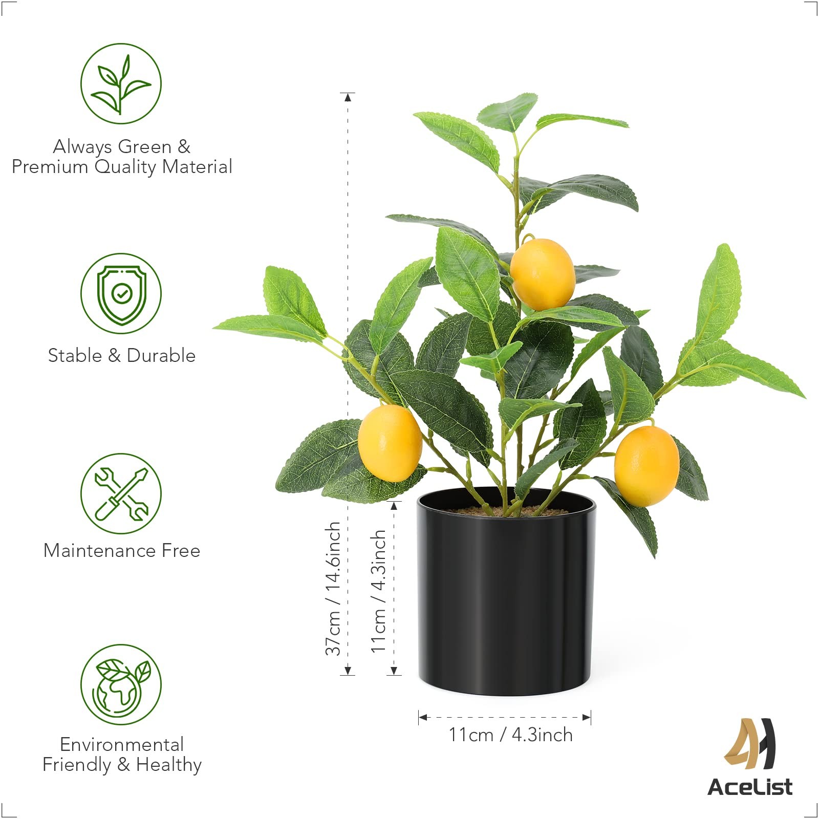 Black 14.6 Inches Artificial Mini Lemon Tree Potted Realistic Fake Plant