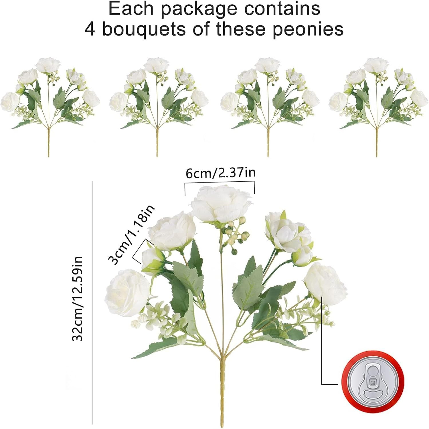 4 Bundles Artificial Peonies Silk Flowers, White Faux Peony Bouquet Florals Arra