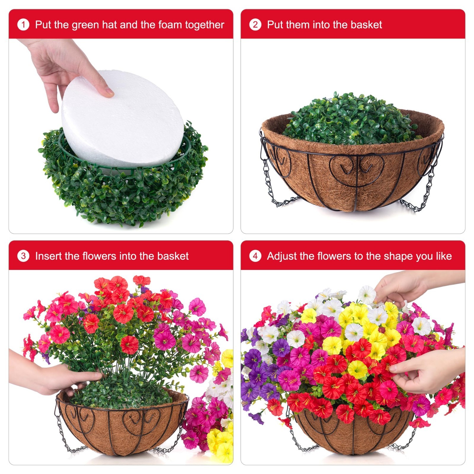 Faux Hanging Flowers Basket – UV Resistant Silk Morning Glory & Eucalyptus for I