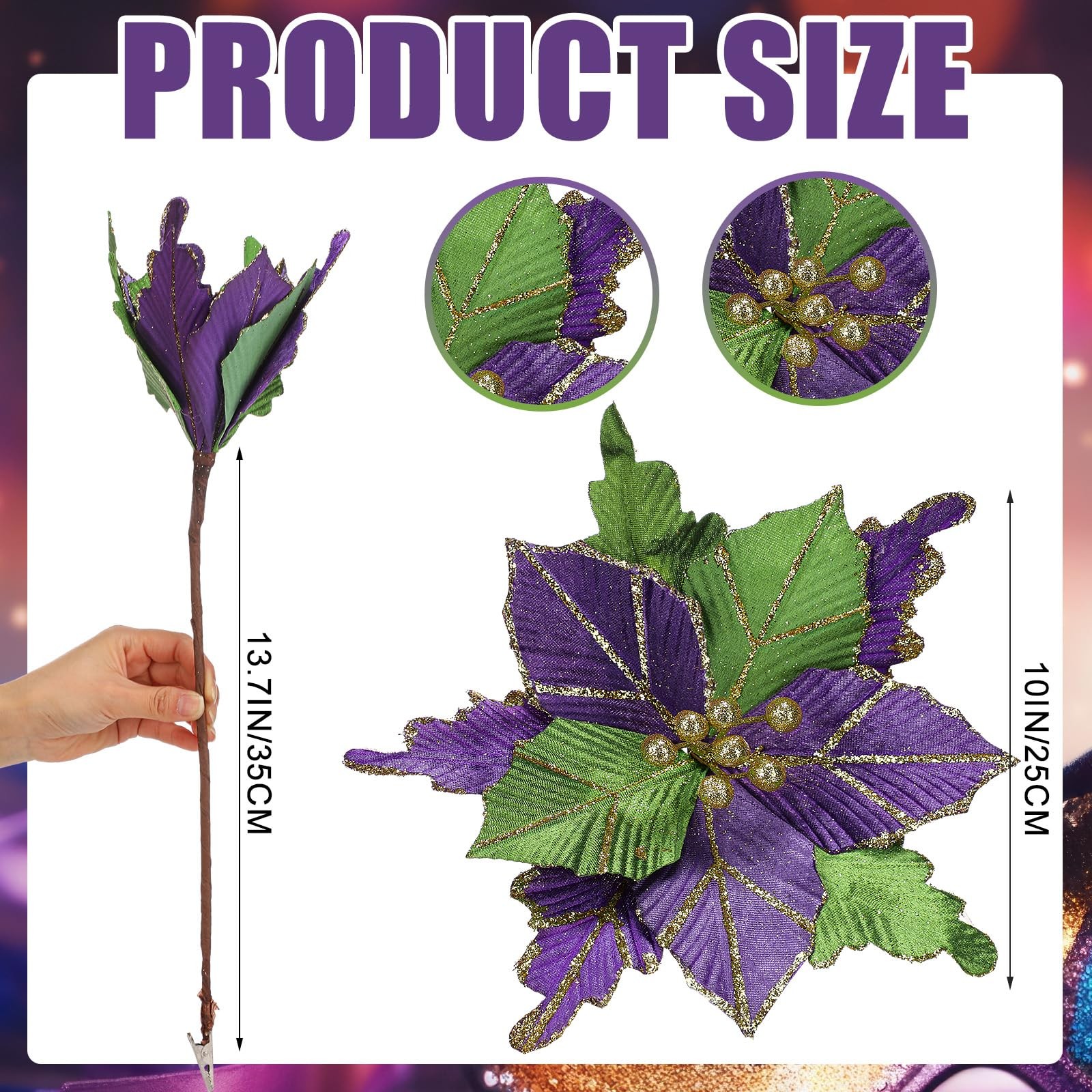 6 Pcs 10” Mardi Gras Poinsettia Flower Large Flowers Glitter Artificial Tree…