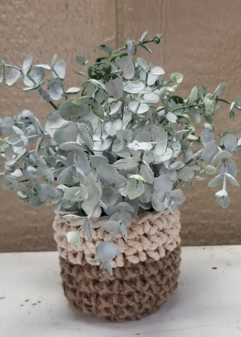 Faux Succulent Plant Dusty Green Crocheted Pot Tan White Jute Twine Cotton 10″