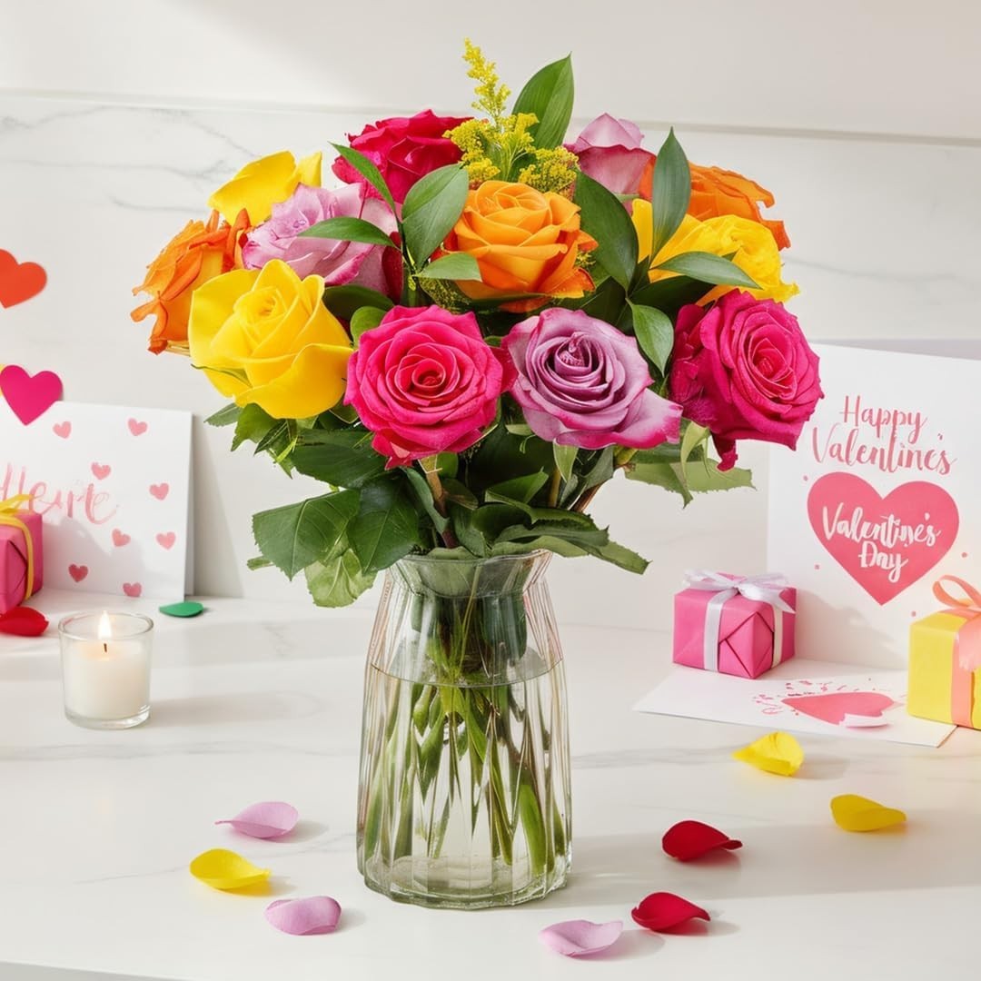12 Long Stemmed Rainbow Roses with Glass Vase for Birthday Anniversary Gift