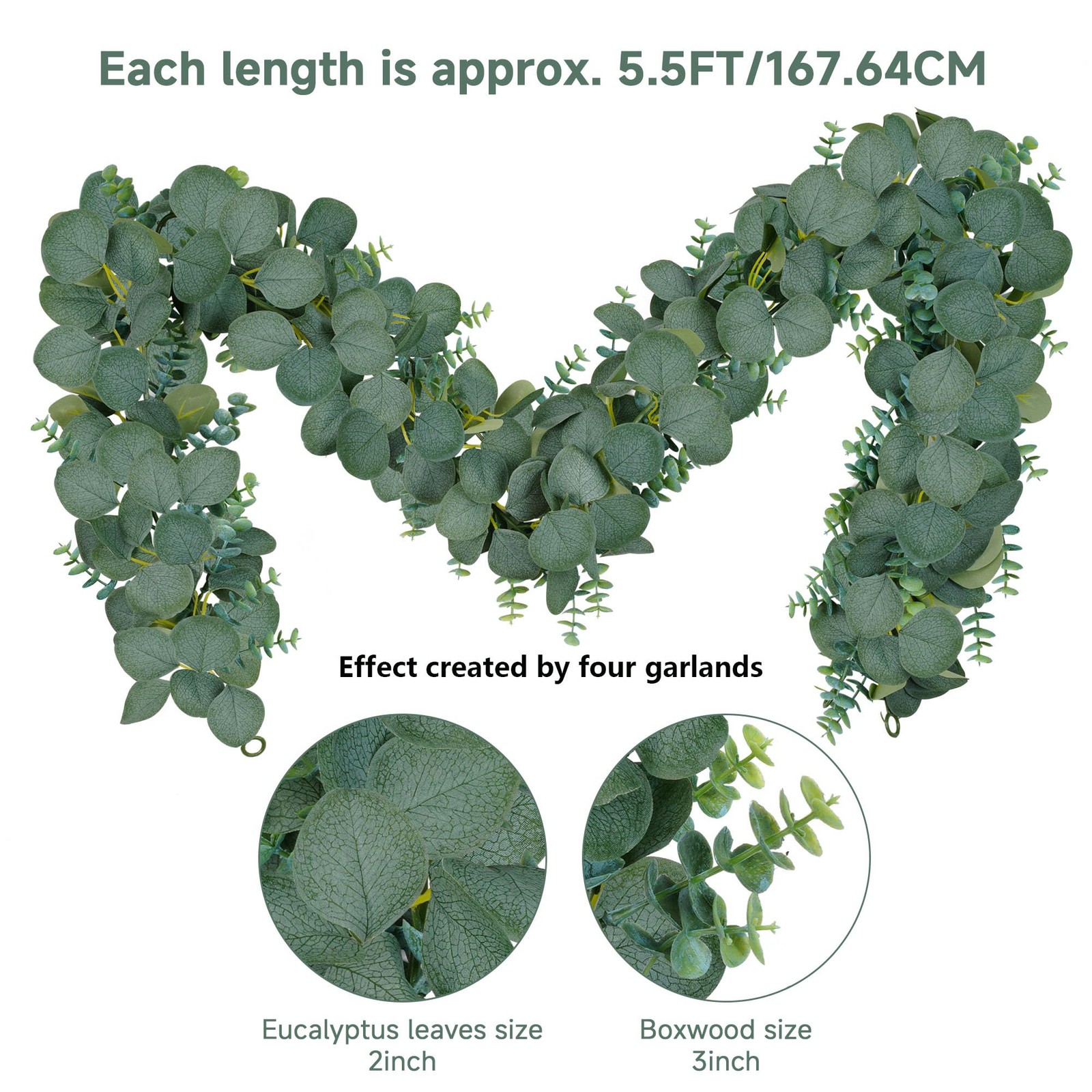 Vlorart 2 Pack Artificial Eucalyptus Garland, 5.5ft Faux Boxwood Eucalyptus L…