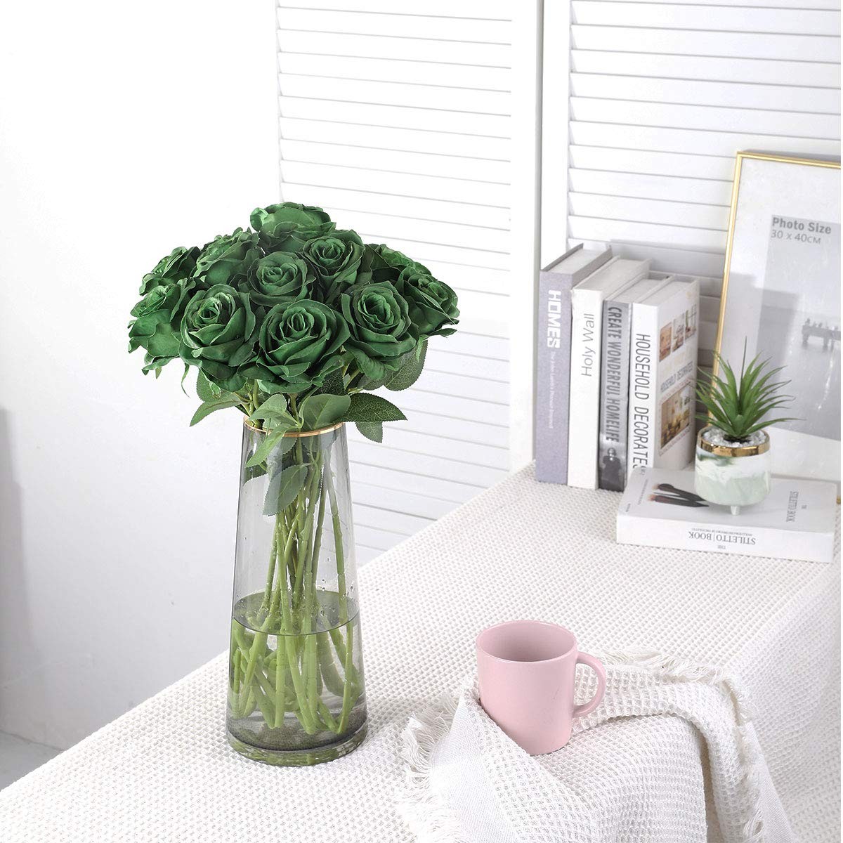 10 PCS Artificial Silk Rose Flower Bouquet Lifelike Fake Dark Green Decor